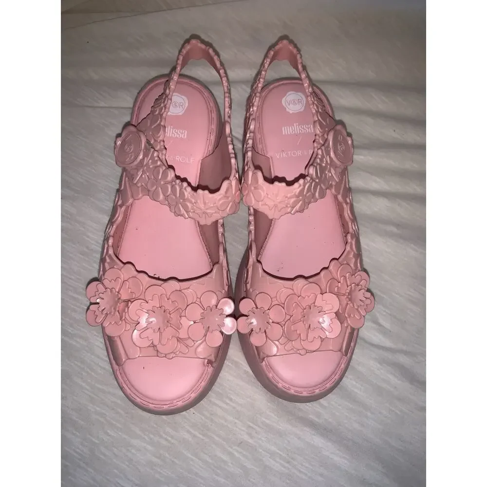 Melissa x Viktor & Rolf Pink Blossom Flowers Platform Sandals SZ 8